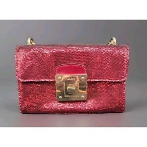 Aldo Red Sequent Handbag W/ Yellow Metal Chain Adjustable Evening Event Purse